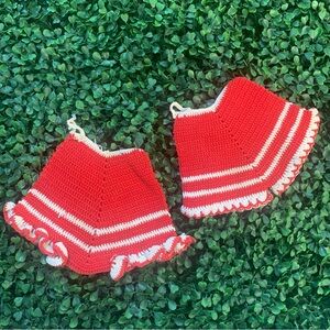 Antique red & white bloomers novelty knit crochet pot holders